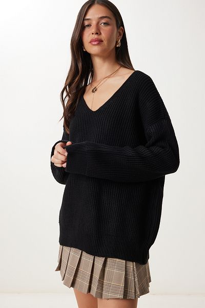 Happiness İstanbul Pulover oversize din tricot de bază, negru, cu decolteu în V, MX00130