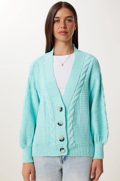 Happiness İstanbul Γυναικεία υδάτινη πράσινη πλεκτή ζακέτα με μπαλόνι μανίκι MX00176