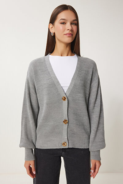 Happiness İstanbul Γυναικεία πλεκτή ζακέτα με λαιμόκοψη V σε γκρι μελανζέ ZA00025