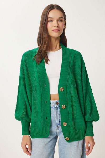 Happiness İstanbul Women's Emerald Green Braided Balloon Sleeve Loose Knitwear Cardigan ZA00039