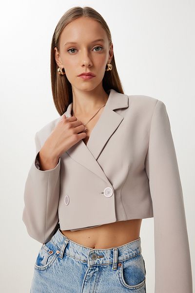 Happiness İstanbul Women's Stone Gray Padded Crop Woven Jacket Kt00019