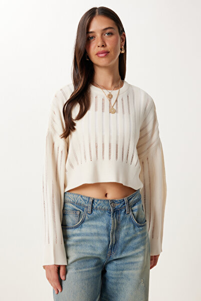 Happiness İstanbul Pulover de damă, crem, ajurat, tricotat, MT00147