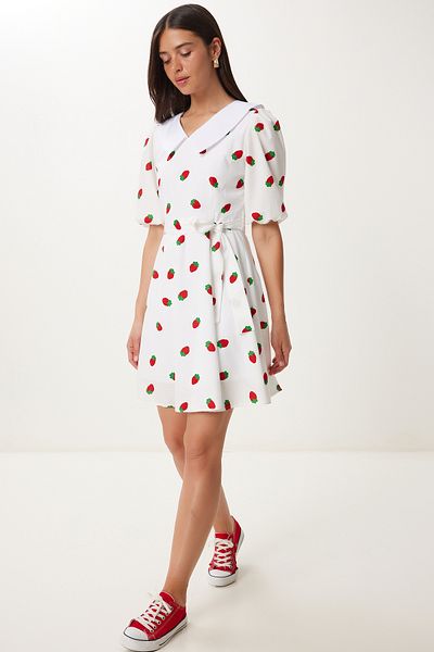 Happiness İstanbul Γυναικείο Μίνι Υφαντό Φόρεμα Ecru Strawberry Belted DK00175