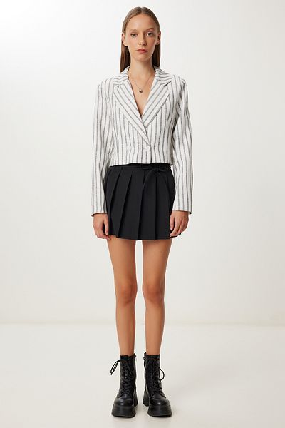 Happiness İstanbul Women's Ecru Black Padded Linen Crop Jacket Mx00254