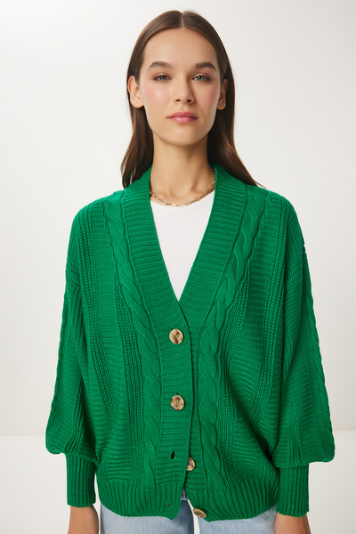 Happiness İstanbul Γυναικεία Σμαραγδένια Πράσινη Πλεκτό Μπαλόνι μανίκι Φαρδιά Πλεκτά Ζακέτα ZA00039