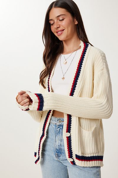 Happiness İstanbul Cream V-Neck Striped Women's Knitwear Cardigan - Pf00085