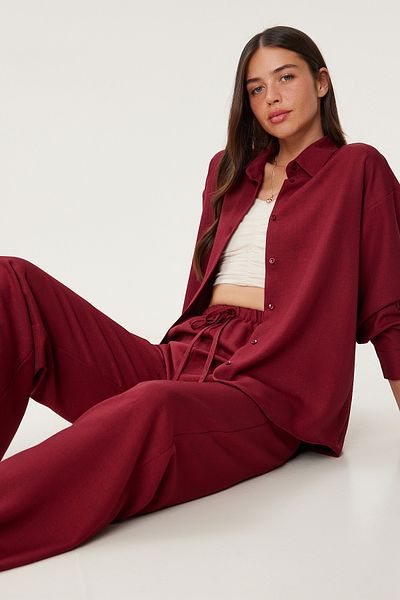 Happiness İstanbul Women's Burgundy Linen Shirt Pants Suit Pb00051