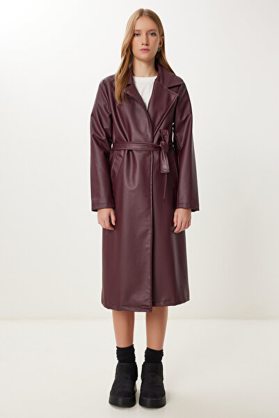 Happiness İstanbul Dámský kožený kabát z umělé kůže s švestkovým páskem RV00217