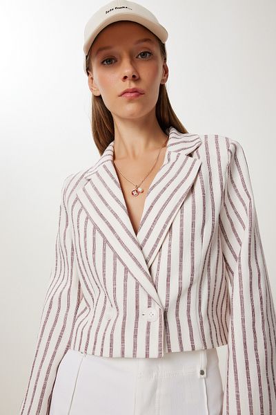 Happiness İstanbul Γυναικείο Bone Burgundy Παλτό Λινό Crop MX00254