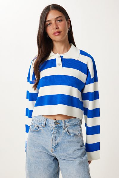 Happiness İstanbul Weißer, blauer, stilvoller, kurzer Strickpullover mit geknöpftem Kragen und Streifen für Damen BV00115