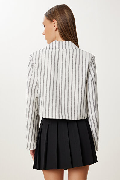 Happiness İstanbul Women's Ecru Black Padded Linen Crop Jacket Mx00254