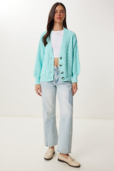 Happiness İstanbul Γυναικεία υδάτινη πράσινη πλεκτή ζακέτα με μπαλόνι μανίκι MX00176