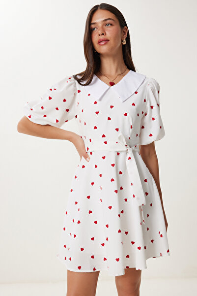 Happiness İstanbul Kadın Ekru Kalpli Kuşaklı Mini Dokuma Elbise DK00174