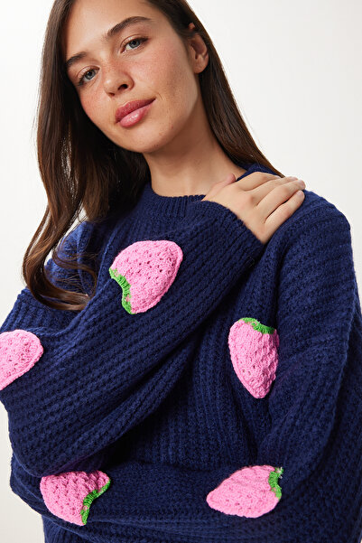 Happiness İstanbul Pulover din tricot cu textura căpșuni albastru bleumarin pentru femei PF00022