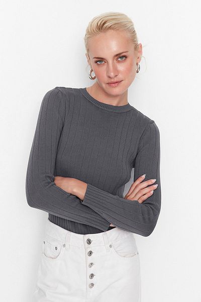Trendyol Collection Anthracite Basic Crew Neck Knitwear Sweater Twoaw23Kz01249