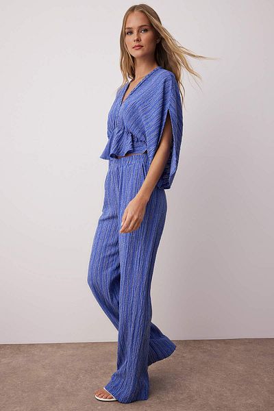 Trendyol Collection Blue Textured Fabric Flounced Woven Blouse Twoss24Bz00480