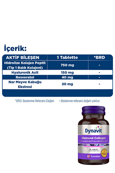 Dynavit Collagen&Hyaluronic Acid Complex 30 Tablet - Saç&Cilt&Tırnak - Hidrolize Peptit Tip 1 Balık Kolajeni