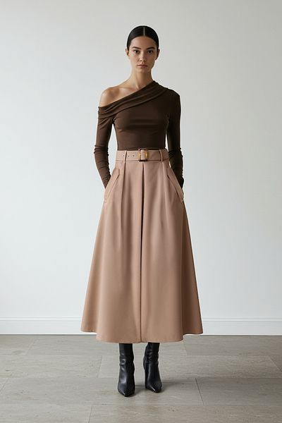 Trendyol Collection Μπεζ υφαντή φούστα Midi με ζώνη TWOAW26ET00034