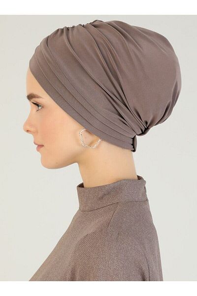 Naciye Sultan Crossed Three-Striped Sea Bonnet Ready-made Turban Hijab Bonnet Mink