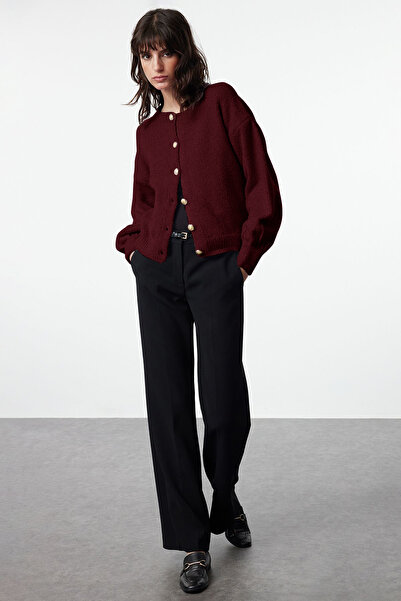 Trendyol Collection Burgundy Button Detailed Soft Textured Knitwear Cardigan Twoaw25Hi00147