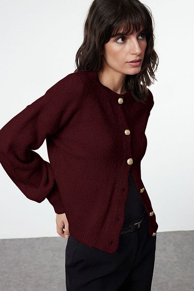 Trendyol Collection Burgundy Button Detailed Soft Textured Knitwear Cardigan Twoaw25Hi00147