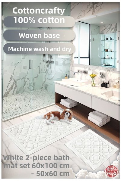 Cotton Crafty Cotton Woven Bath Mat Set, Bathroom Rug Floral Set of 2 60X100 - 60X50 White