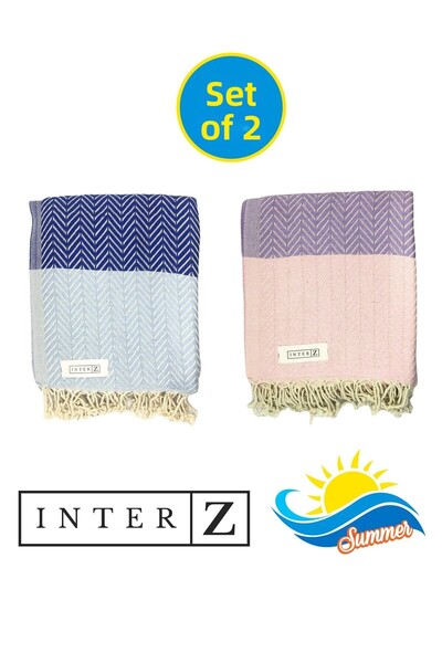 INTER Z Set de 2 prosoape de plajă Peshtemal, 100% bumbac, Xxl 100x180cm, Marmaris, L.sky blue-pembe