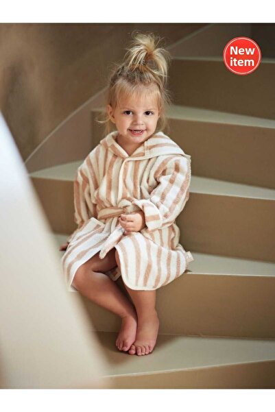 PAMUK HANIM منشفة حمام قطنية للفتيات - روب حمام بغطاء للرأس (مخطط/وردي)