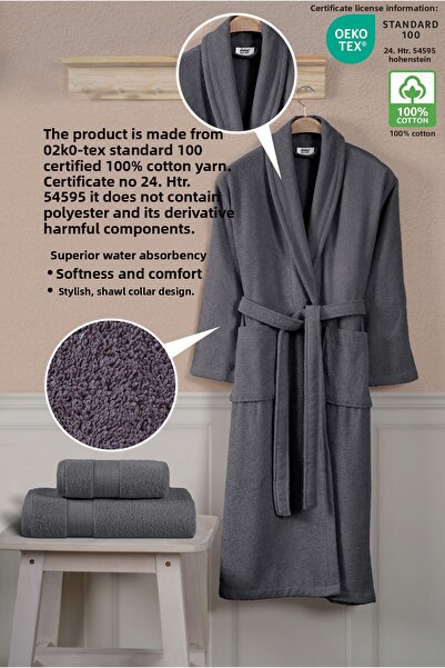 Ellaline Σετ μπουρνούζι 3 τεμαχίων 100% βαμβάκι με πιστοποίηση, μπουρνούζι με κορδόνια σώμα και πετσέτες κεφαλιού Anthracite