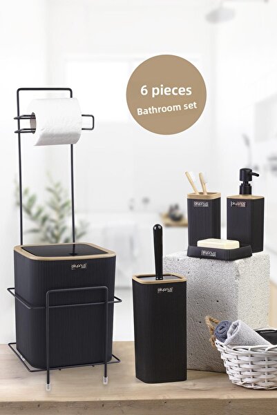 Okyanus Home Μαύρο τετράγωνο Mina Due Stand Χαρτοθήκη WC και Σετ Μπάνιου 6 τε...