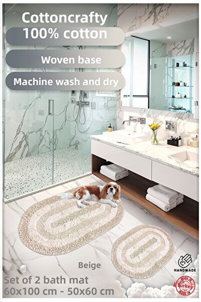 Cotton Crafty Σετ πατάκι μπάνιου από 100% βαμβάκι, απορροφητικό νερό, χαλί μπάνιου Cottonway Σετ 2 60x100 - 60x50