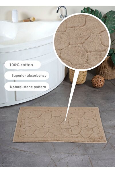 Ellaline 3-Piece Foot Towel 100% Cotton Certified, Stone and Striped Patterned Jacquard Bath Mat 50X70Cm