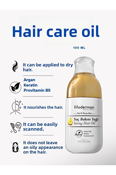 Fitoderman زيت العناية بالشعر بكثافة الأرغان - ينطبق على الشعر الجاف، إصلاح الشعر، مضاد للتقصف.