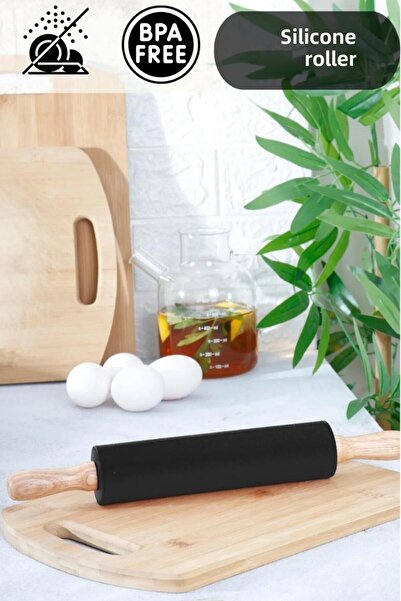 HOMENIVA 1 Piece Black Silicone Body Wooden Handle Roller