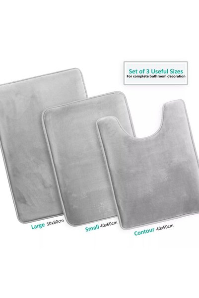LİNOS HOME Set of 3 Bathroom Mat Set Toilet Front Plush Soft Washable Light Gray (50x80-40x60-40x50)