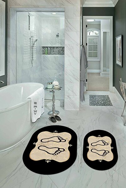 Napoli Home Ψηφιακό με τύπωμα Αντιολισθητικό Πλενόμενο Σετ Μπάνιου με Μοτίβο Ποδιών Οβάλ Σετ Τουαλέτας, N-O-KLOZET-20-GOLD,