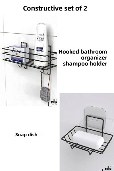 ALSİ HOME Adeziv 4 cârlige Raft pentru baie Suport pentru șampon pentru baie Cabină de duș Umeraș pentru duș Set de 2 vase de săpun