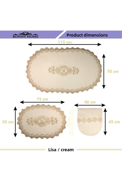 Bonny Home Lisa Cream 3-Piece Lacy Toilet Set Dowry Bath Rug Mat Set