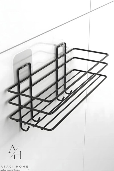 Patulya Aksesuar Stainless Steel Set of 2 Adhesive 4-Hook Bathroom Shelf Matte Black Bathroom Shampoo Holder Shower Cabin Shower Hanger