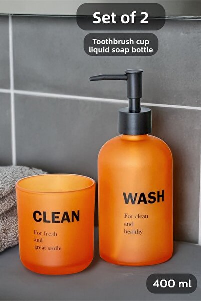 Meleni Home Amber 2-Piece Bathroom Set - Glass Liquid Soap Dispenser and Toothbrush Holder - Bottle Design