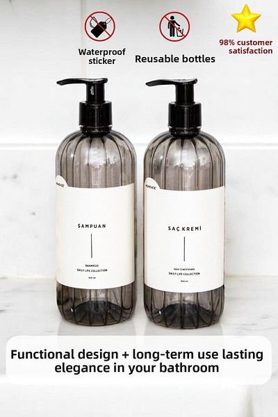 homence Set of 2 Smoked Soap Dispenser Shampoo and Conditioner Plastic Bottles - 500 ml
