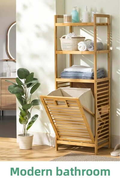 Digithome Bamboo Dirty Bathroom Organizer with 3 Shelves - Multipurpose Laundry Basket Organizer Db-0002