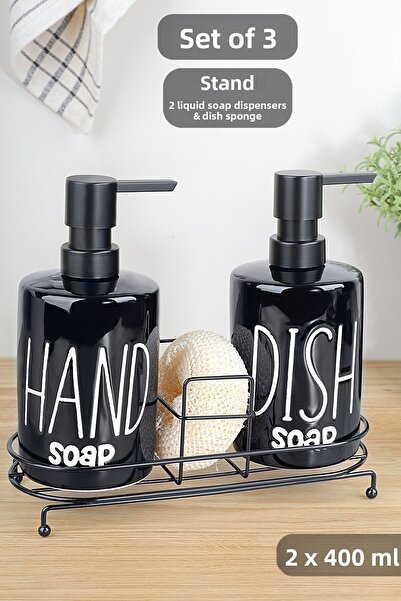 Meleni Home Black Set of 2 Sponge Soap Dispensers - Kitchen Detergent with Metal Stand 400ml