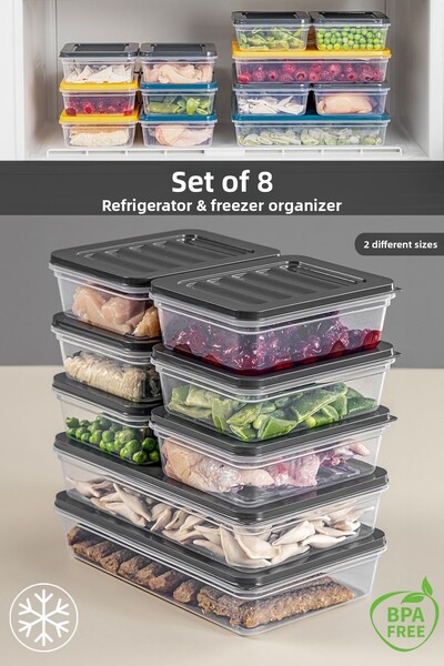 Meleni Home Organizator de frigider din 8 piese Recipient de depozitare potrivit pentru cuptorul cu microunde și difuzor 2 X 1200 ml - 6 X 600 ml