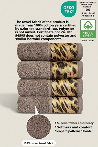 Ellaline 4-Piece Leopard Towel Set 100% Cotton Certified, Hand / Face / Kitchen Towels 50X90Cm Brown