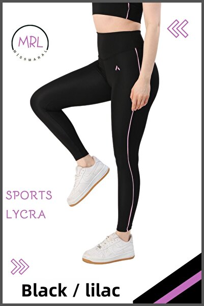 missmaral Women's Comfortable Sport Tights - Black/Lilac Stripe Detail Lycra Diver 1041