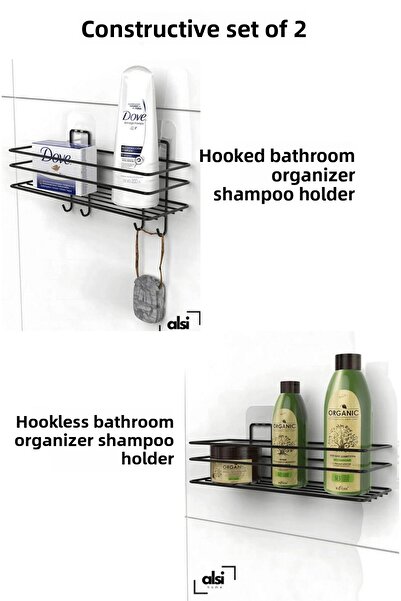 ALSİ HOME رف الحمام مع خطافات لاصقة، حامل شامبو الحمام، مجموعة من 2