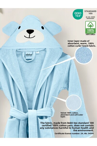 Ellaline Children's Bathrobe – 100% Cotton, Velvet Outside, Towel Inside and Absorbent Soft Blue