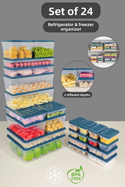 Meleni Home Set de 24 organizatoare pentru frigider Recipient de depozitare pentru organizator Recipient pentru congelator pentru cuptorul cu microunde adânc și superficial Albastru