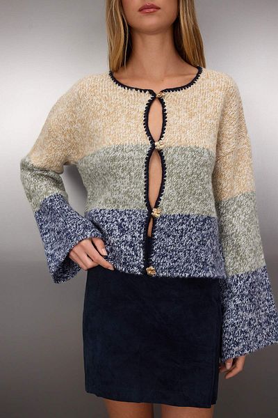 Trendyol Collection Indigo Button Detailed Crop Soft Textured Wide Fit Color Block Knitwear Cardigan Twoaw26Hi00011
